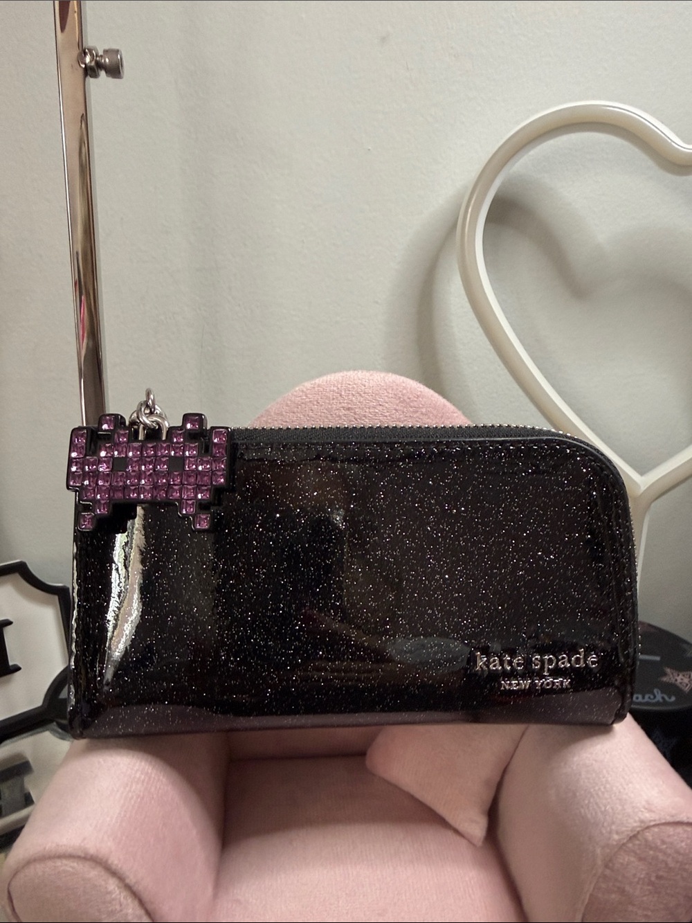 kate spade x space invaders glitter patent small slim bifold wallet